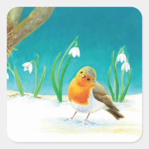 Roodborst Vogel en Sneeuwklokjes Illustratie Vierkante Sticker