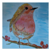 Roodborst waterverf Glanzende Poster