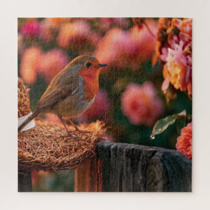 Roodborst zittend op strohoed in rozentuin legpuzzel