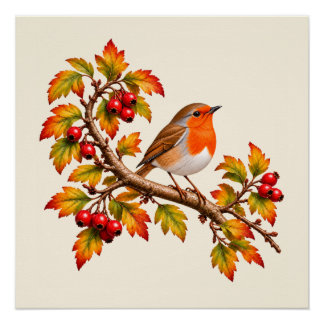 Roodborstje Herfst Botanisch Vogelontwerp Perfect Poster