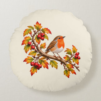 Roodborstje Herfst Botanisch Vogelontwerp Rond Kussen