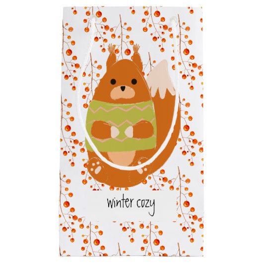 Roodbruine eekhoorn in een groenzoeter klein cadeauzakje (Voorkant)