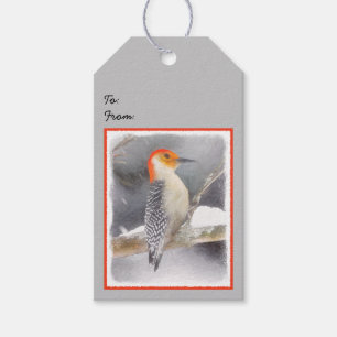 Roodbuikspecht schilderij originele vogelkunst cadeaulabel