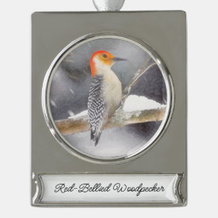 Roodbuikspecht schilderij originele vogelkunst verzilverd banner ornament