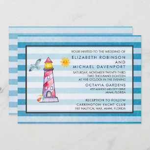 Roodgestreepte Waterverf vuurtoren bruiloft Kaart