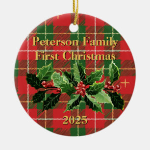 roodgroene plak   Familie eerste kerstfoto Keramisch Ornament
