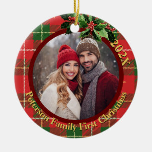 roodgroene plak Onze eerste kerstfoto Keramisch Ornament