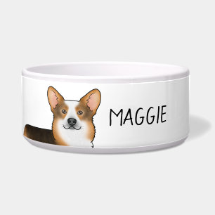 Roodharige driekleurige Pembroke Welsh Corgi en na Voerbakje