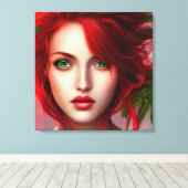 Roodharige meid met abstracte bladeren canvas afdruk (Insitu (Houten vloer))