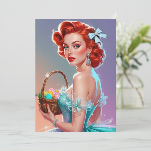 Roodharige Pin-Up Paaseieren Mandje Feestdagenkaart (Staand voorkant)
