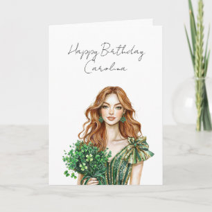 Roodharige Vrouw Groene Gouden Glitter Verjaardag Kaart