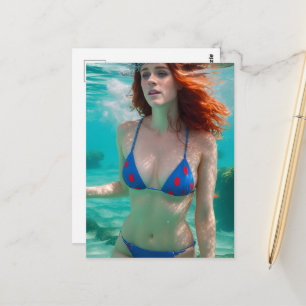 Roodharige vrouw in een blauwe bikini met rode sti briefkaart