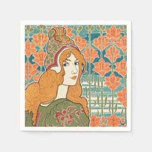 Roodharige Vrouw Oranje Lelies Vintage Kunstprint Servet