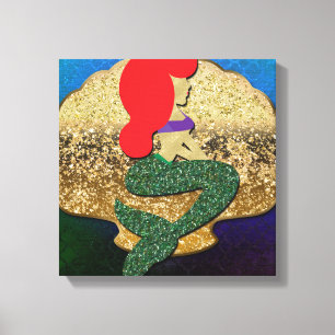 Roodharige Zeemeermin Gouden Schelp Canvas Afdruk