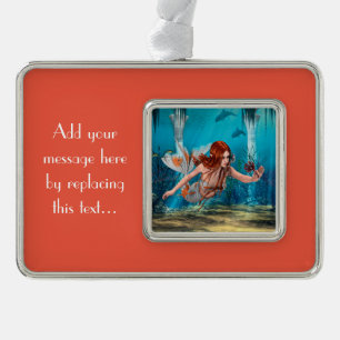Roodharige Zeemeermin Onderwater Fantasie Kunst Verzilverd Kader Ornament