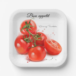 Roodkertomaten en spuitschilderwerk voor de waterv papieren bordje