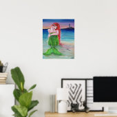 Roodkopzeemeermin op het strand met vuurtoren poster (Thuiskantoor)