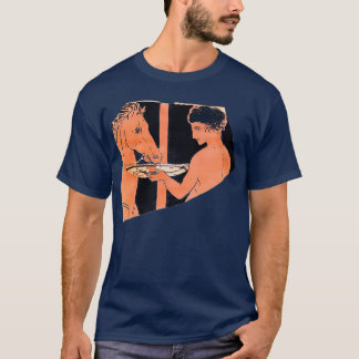 Roodpersoniele zak van een jeugd die zijn hondje b t-shirt