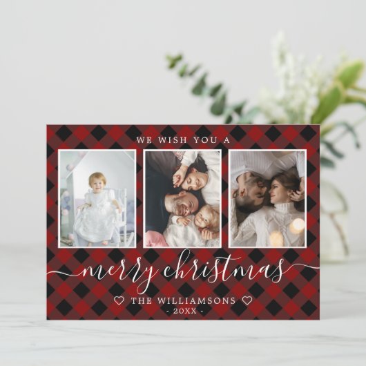 Roodplatte multifotokerstkaart aankondiging (Staand voorkant)