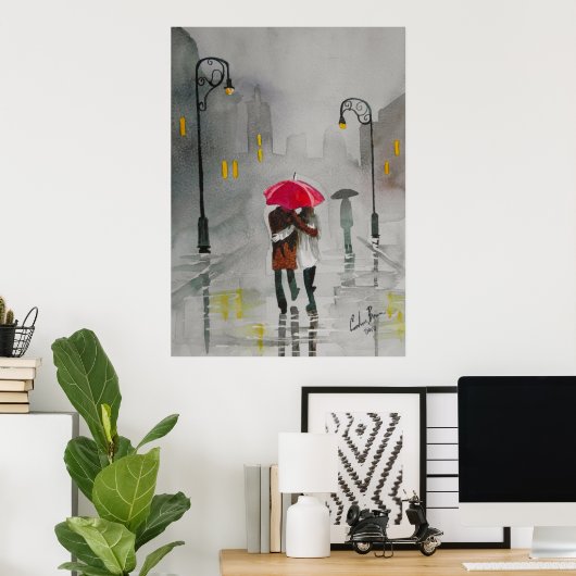 Roodrode paraplu voor romantisch koppel poster (Thuiskantoor)