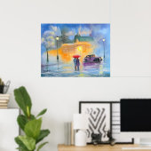 Roodrode paraplu's romantisch koppel wandelen poster (Thuiskantoor)