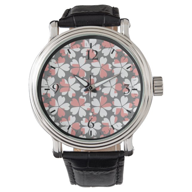 Roodrode witte bloemen patronen horloge (Voorkant)