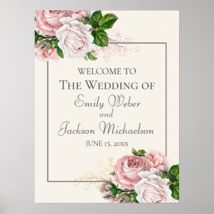 Roodroze Aquarel Bloemige Crème Wedding Welkom Poster