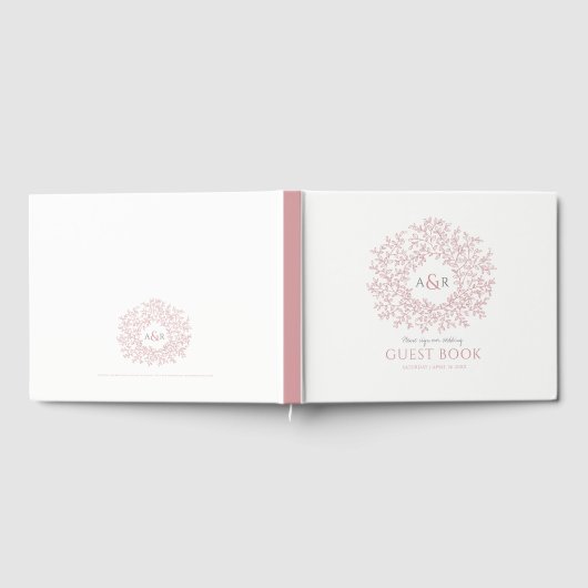 Roodroze en witte bladmonogram kunst bruiloft gastenboek (Volledig)