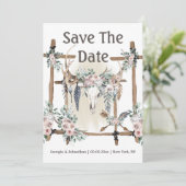 Roodroze groene boho-geweien tribale veer chique save the date (Staand voorkant)