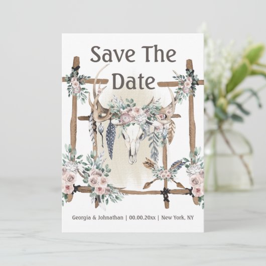 Roodroze groene boho-geweien tribale veer chique save the date (Staand voorkant)