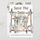 Roodroze groene boho-geweien tribale veer chique save the date (Voorkant / Achterkant)
