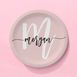 Roodroze Moderne Script Meisjesachtig Monogram Naa Papieren Bordje