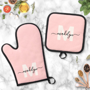 Roodroze naammonogram Keuken Ovenwant & Pannenlap Set