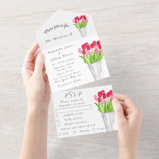 Roodroze Tulps Waterverf Spring Weddenschap All In One Uitnodiging (Afscheurbaar)