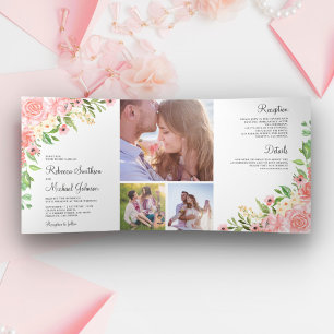 Roodroze Waterverf Bloemen Foto Collage Trouwfeest Drieluik Uitnodiging