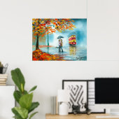 Roodse herfst rode tram paraplu romantisch koppel poster (Thuiskantoor)