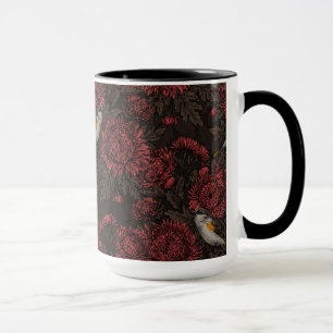 Roodstart in de chrysanten in bruin en rood mok