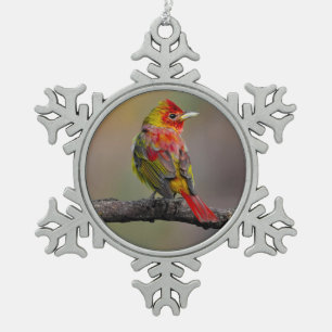 Roodtangare in de rui - Originele foto Tin Sneeuwvlok Ornament
