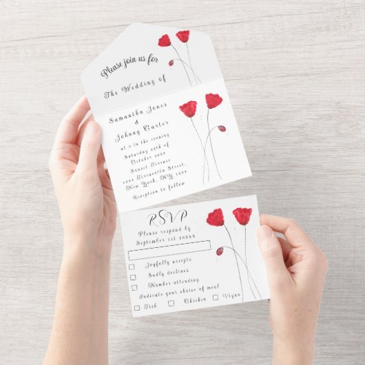 Roodtulp Waterverf Spring Wedding All In One Uitnodiging (Afscheurbaar)