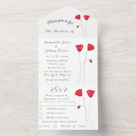 Roodtulp Waterverf Spring Wedding All In One Uitnodiging (Binnen)