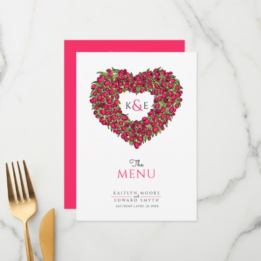 Roodtulpen hart met monogram bruiloft menu (Voorkant / Achterkant in situ)