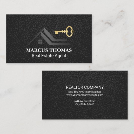 Roof Skeleton Key Logo | Zwarte lederen achtergron Afsprakenkaartje (Voorkant / Achterkant)