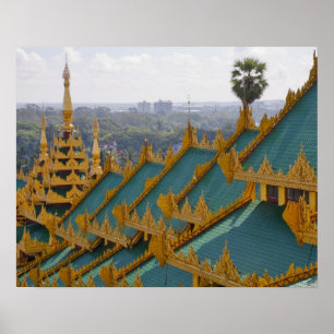 Roof topjes van Shwedagon Pagoda, Yangon, Myanmar Poster