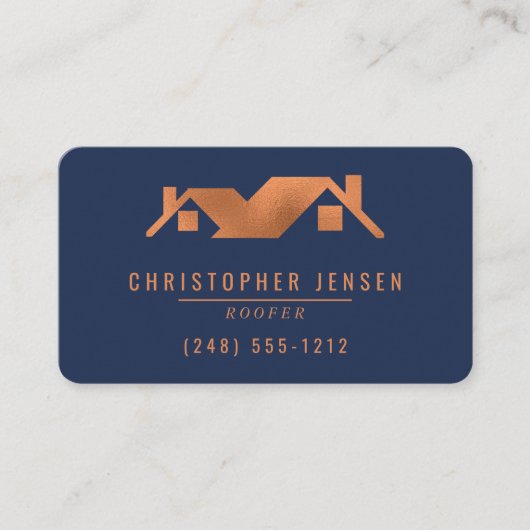Roofer QR Code Navy Blue Copper Rounded Roofing Visitekaartje (Voorkant)