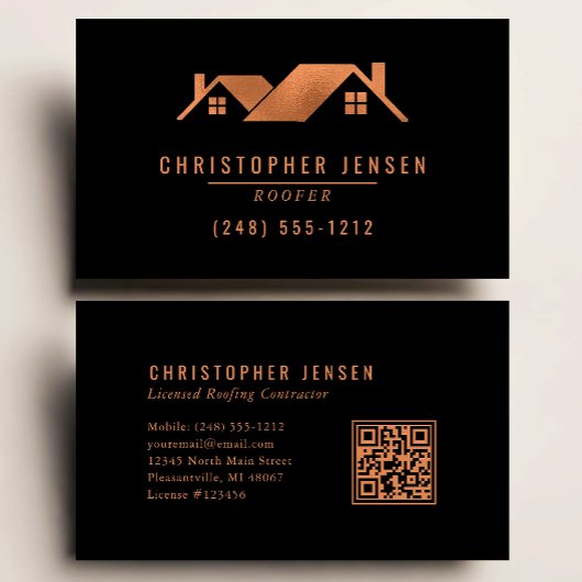 Roofer QR Code Roofing Business Black Copper Visitekaartje