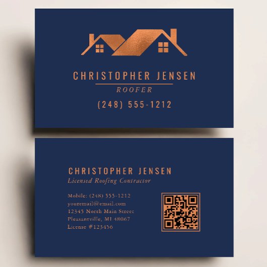 Roofer QR Code Roofing Business Navy Blue Copper Visitekaartje