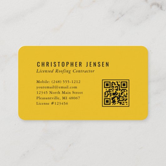 Roofer QR Code Simple Bold Black Yellow Rounded Visitekaartje (Achterkant)
