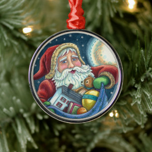 ROOFTOP SANTA BAG VAN TOYS, DOLLHOUSE, HOBBYHORSE METALEN ORNAMENT