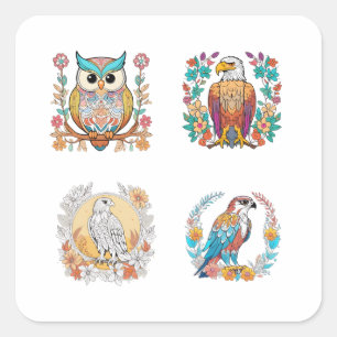 roofvogels Cartoon bloemmotief art 4 pack st Vierkante Sticker