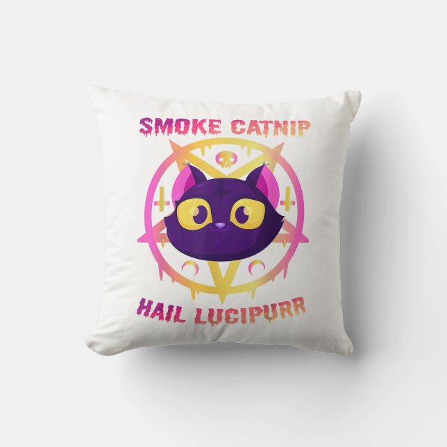 Rook Katnip Gegroet Lucipurr, Grappige Satanische  Kussen (Voorkant)